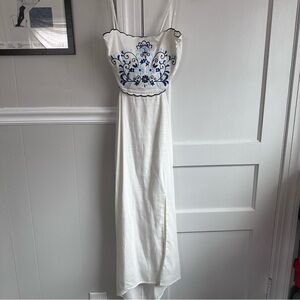 Altar'd State White Maxi Dress with Blue Embroidery